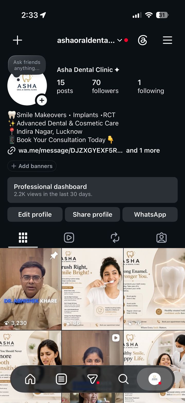 Instagram profile screenshot of @ashaoraldentalclinic
